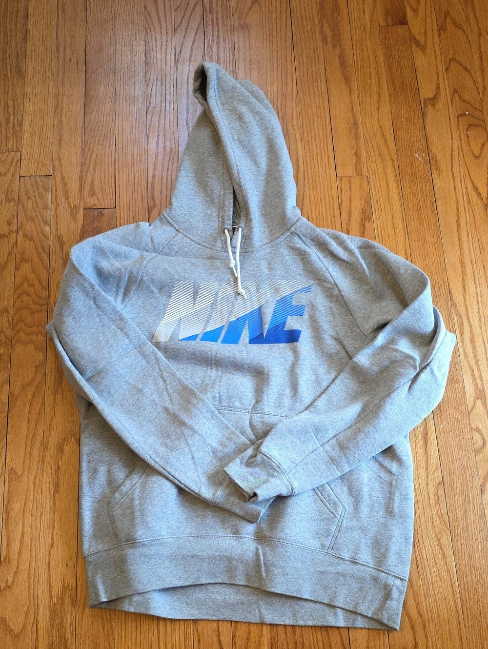 Mens Nike Gray Hoodie with Blue Gradient Text - Size L